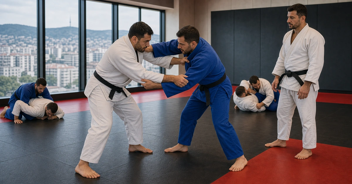Cinematic judo camp scene for Competition Judo Training in Georgia: Randori, Grip Fighting, and Camp Prep in Tbilisi, Georgia