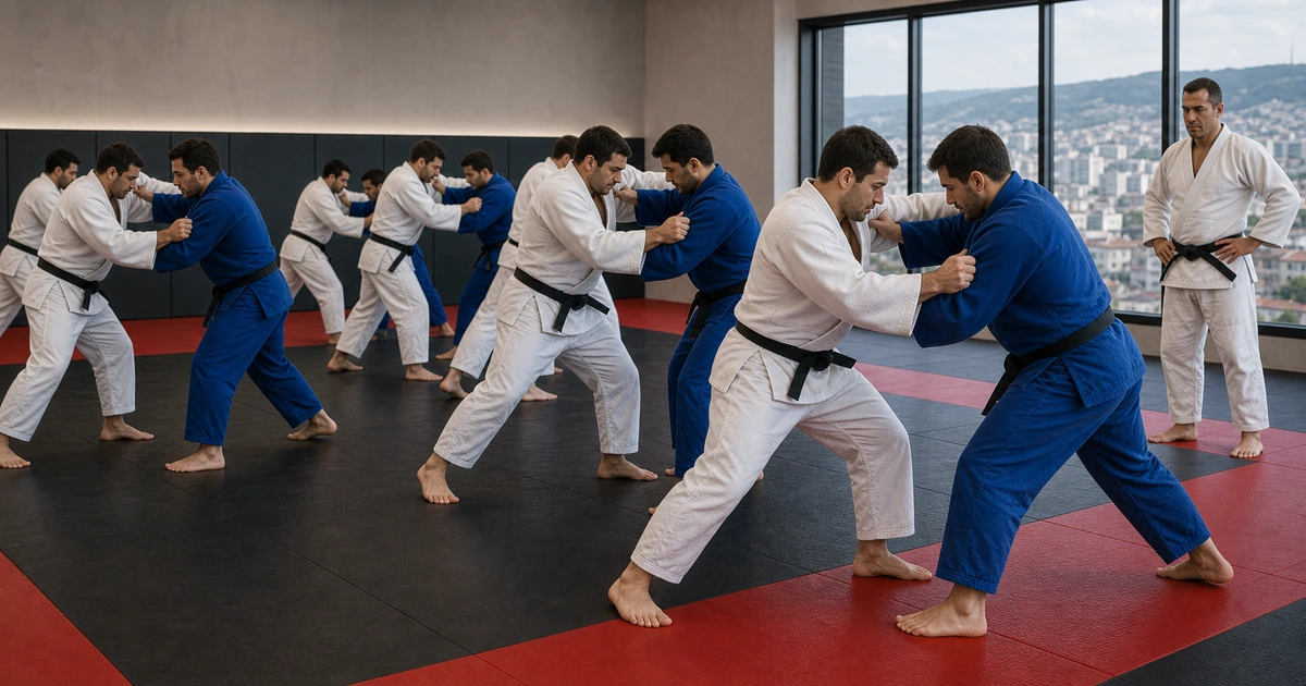 cinematic judo camp scene in Georgia showing information to send before asking for availability