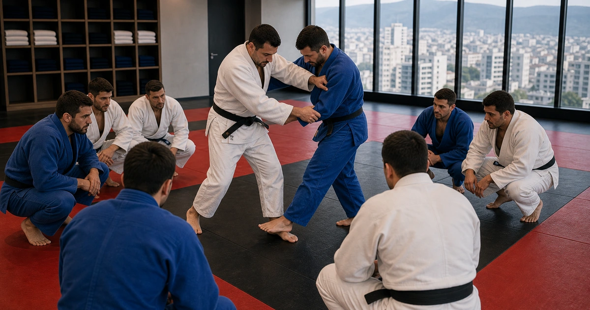 cinematic judo camp scene in Georgia showing morning vs evening training blocks