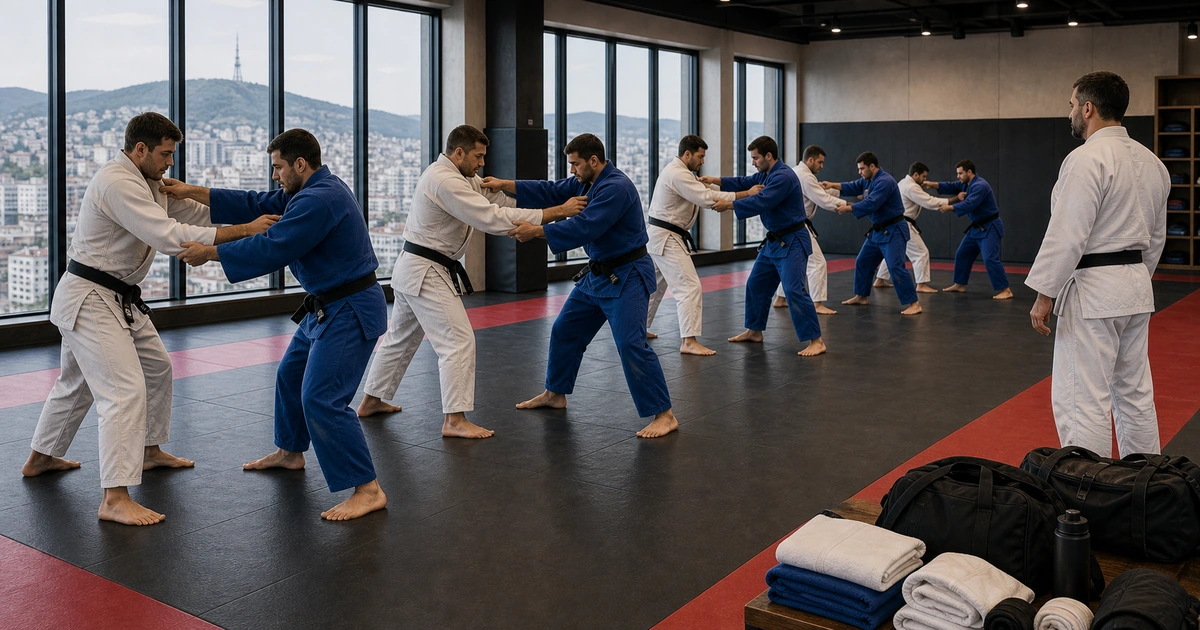 cinematic judo camp scene in Georgia showing 7-day vs 14-day module decision