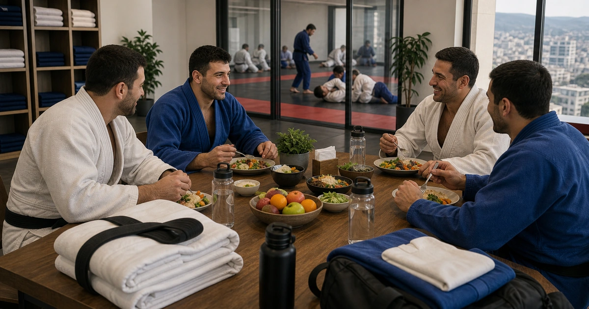 cinematic judo camp scene in Georgia showing meals and athlete nutrition expectations