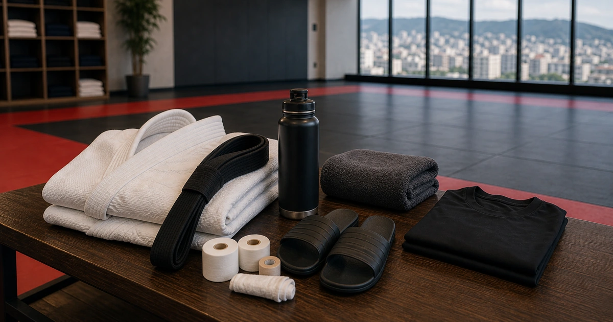 cinematic judo camp scene in Georgia showing protection and injury-prevention items